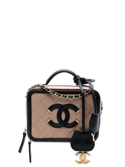 Pre-owned Chanel 2018-2019 Small Caviar Cc Filigree Vanity Case Satchel In Brown