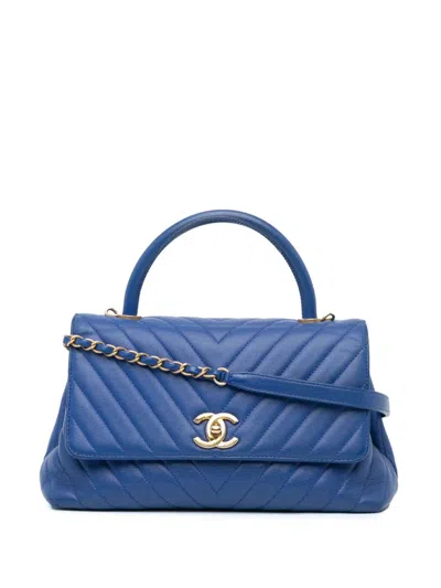 Pre-owned Chanel 2018-2019 Small Caviar Chevron Coco Top Handle Satchel In Blue
