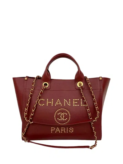 Pre-owned Chanel 2018-2019 Small Caviar Studded Deauville Tote Satchel In Red