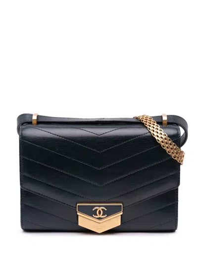 Pre-owned Chanel 2018-2019 Small Cc Chevron Calfskin Medal Flap Crossbody Bag In Blue