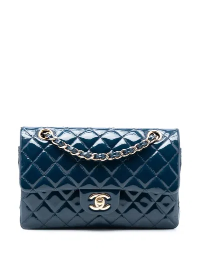 Pre-owned Chanel 2018-2019 Small Classic Patent Double Flap Shoulder Bag In Blue