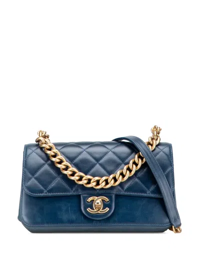 Pre-owned Chanel 2018-2019 Small Quilted Calfskin Straight Lined Flap Satchel In Blue
