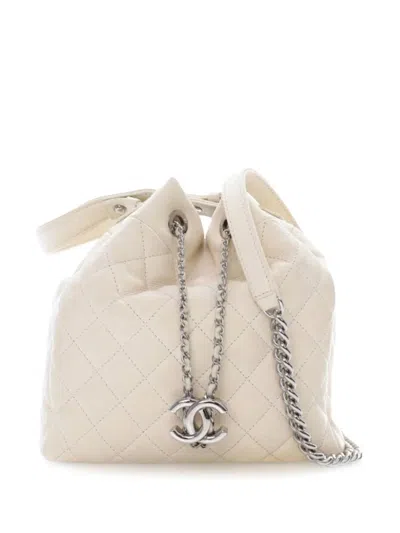 Pre-owned Chanel 2018-2019 Small Quilted Caviar Flat Drawstring Chain Bucket Bag In White