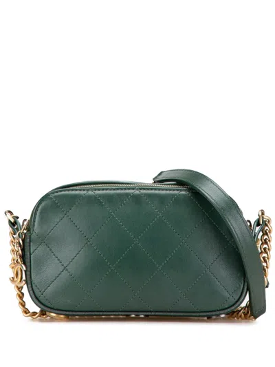 Pre-owned Chanel 2018-2019 Stitched Calfskin And Grosgrain Button Up Double Zip Camera Bag Crossbody Bag In Green