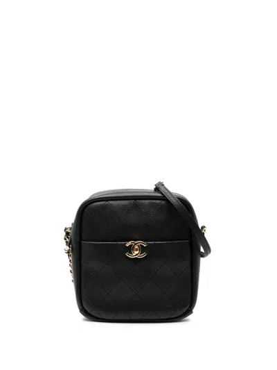 Pre-owned Chanel 2018-2019 Stitched Goatskin Casual Trip North South Camera Case Crossbody Bag In Black