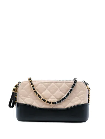 Pre-owned Chanel 2018 Bicolor Aged Calfskin Gabrielle Double Zip Clutch With Chain Crossbody Bag In Neutrals