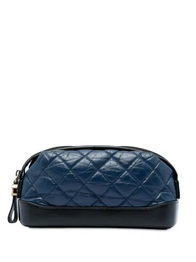 Pre-owned Chanel 2018 Bicolor Quilted Aged Calfskin Gabrielle Cosmetic Pouch In Blue