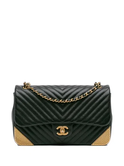 Pre-owned Chanel 2018 Calfskin Chevron Rock The Corner Flap Shoulder Bag In Black