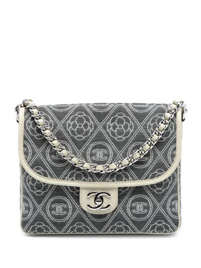 Pre-owned Chanel 2018 Camellia Printed Canvas Double Side Flap Satchel In Grey