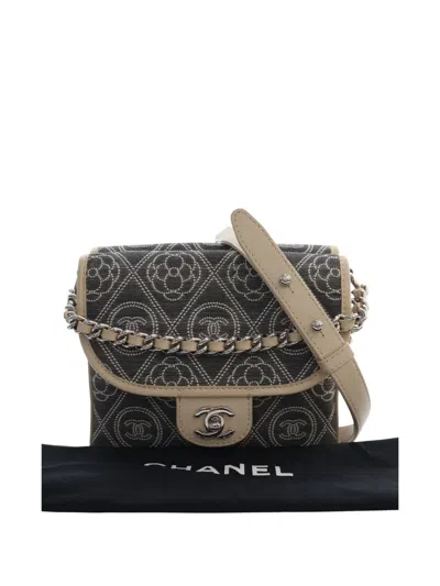 Pre-owned Chanel 2018 Camellia Printed Canvas Double Side Flap Satchel In Grey