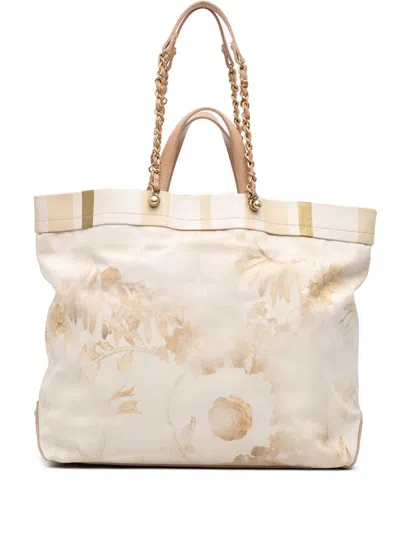Pre-owned Chanel 2018 Canvas Floral Shopping Tote Satchel In Brown