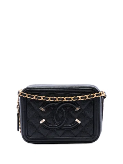Pre-owned Chanel 2018 Caviar Cc Filigree Vanity Clutch With Chain Crossbody Bag In Black