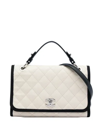 Pre-owned Chanel 2018 Cc Bicolor Quilted Caviar And Grosgrain Top Handle Flap Satchel In Black