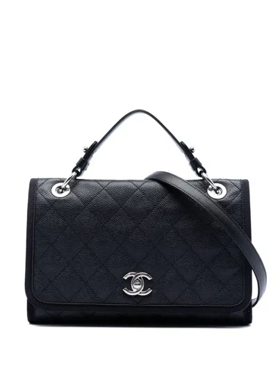 Pre-owned Chanel 2018 Cc Bicolor Quilted Caviar And Grosgrain Top Handle Flap Satchel In Blue
