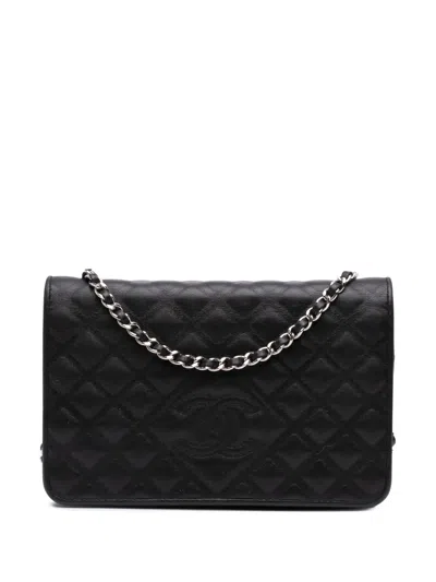 Pre-owned Chanel 2018 Cc Embossed Calfskin Diamond Wallet On Chain Crossbody Bag In Black