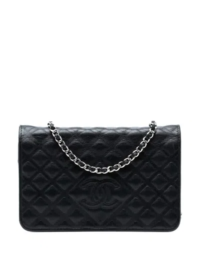 Pre-owned Chanel 2018 Cc Embossed Lambskin Diamond Wallet On Chain Crossbody Bag In Black
