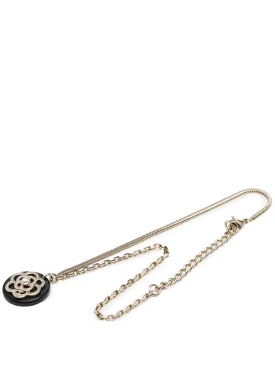 Pre-owned Chanel 2018 Cc Gold Plated Resin Strass Faux Pearl Camellia Round Pendant Necklace Costume Necklace