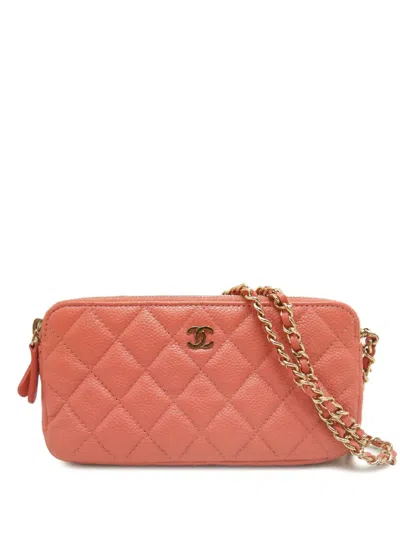 Pre-owned Chanel 2018 Cc Quilted Caviar Double Zip Clutch With Chain Crossbody Bag In Pink