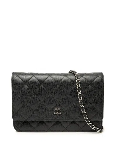 Pre-owned Chanel 2018 Cc Quilted Caviar Wallet On Chain Crossbody Bag In Black