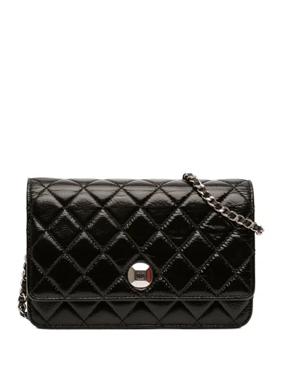 Pre-owned Chanel 2018 Cc Quilted Crinkled Patent Wallet On Chain Crossbody Bag In Black