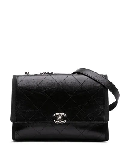 Pre-owned Chanel 2018 Cc Quilted Crumpled Calfskin And Grosgrain Flap Crossbody Bag In Black