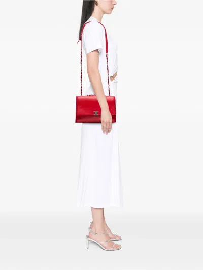 Pre-owned Chanel 2018 Cc Quilted Crumpled Calfskin And Grosgrain Flap Crossbody Bag In Red