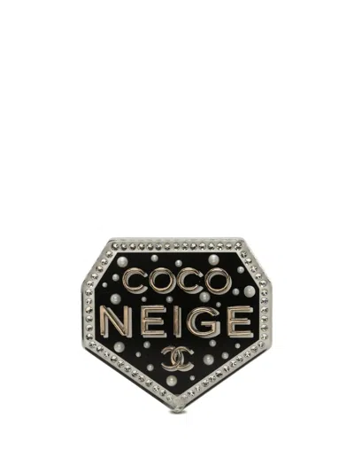 Pre-owned Chanel 2018 Cc Resin Strass And Faux Pearl Coco Neige Pin Brooch Costume Brooch In Black