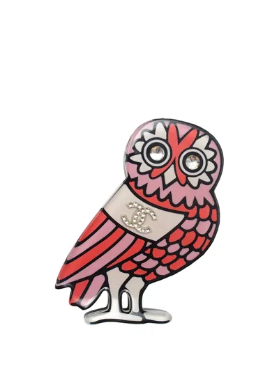 Pre-owned Chanel 2018 Cc Resin Strass Owl Pin Brooch Costume Brooch In Pink