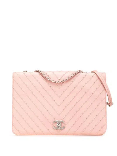 Pre-owned Chanel 2018 Chevron Calfskin Studded Full Flap Crossbody Bag In Pink