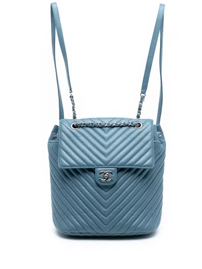 Pre-owned Chanel 2018 Chevron Lambskin Urban Spirit Backpack In Blue