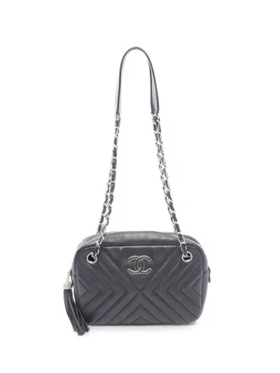 Pre-owned Chanel 2018 Chevron V-stitch Tassel Lambskin Shoulder Bag In Black