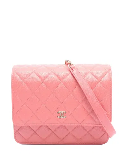 Pre-owned Chanel 2018 Classic Square Caviar Wallet On Chain Crossbody Bag In Pink
