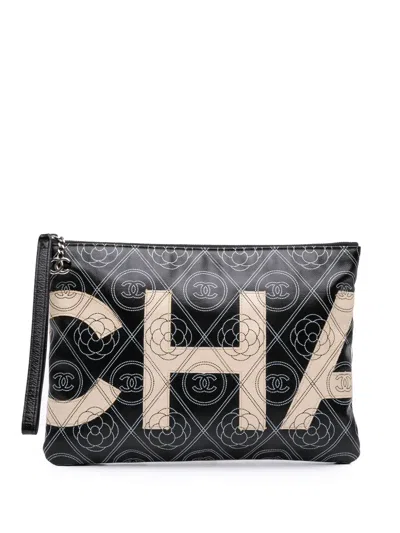 Pre-owned Chanel 2018 Coated Canvas Camellia Logo Wristlet Clutch Bag In White