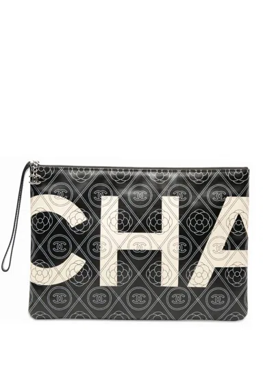 Pre-owned Chanel 2018 Coated Canvas Camellia Logo Wristlet Clutch Bag In White