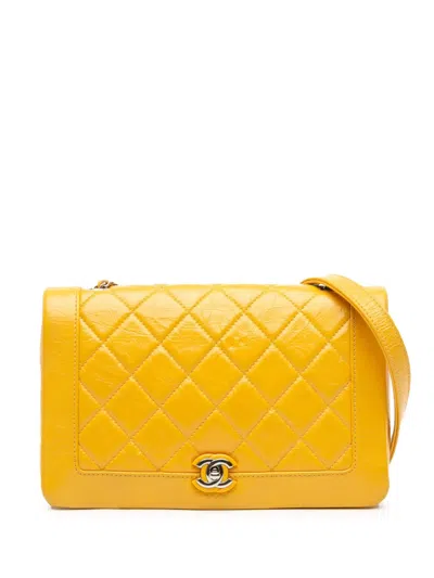 Pre-owned Chanel 2018 Crumpled Calfskin Bi Quilted Vintage Full Flap Crossbody Bag In Yellow