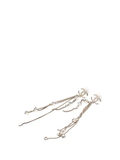 Pre-owned Chanel 2018 Gold Plated Cc Faux Pearl Chain Drop Push Back Earrings Costume Earrings