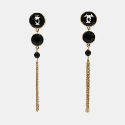 Pre-owned Chanel 2018 Gold Toned Black Double Crystal Cc Dangle Earrings