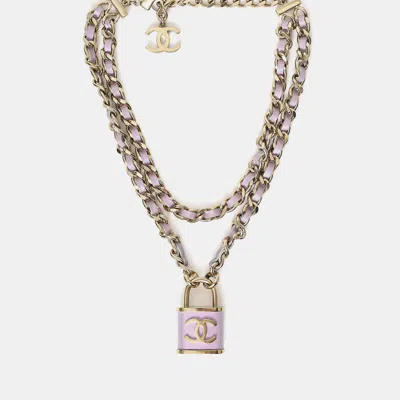 Pre-owned Chanel 2018 Gold Toned Chain/metallic Purple Leather Cc Lock Pendant Choker Necklace