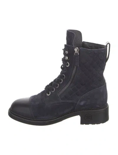 Pre-owned Chanel 2018 Interlocking Cc Logo Combat Boots In Blue