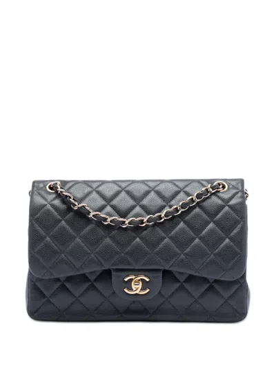 Pre-owned Chanel 2018 Jumbo Classic Caviar Double Flap Shoulder Bag In Black