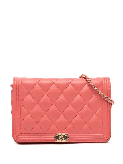 Pre-owned Chanel 2018 Lambskin Boy Wallet On Chain Crossbody Bag In Pink