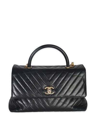 Pre-owned Chanel 2018 Large Black Chevron Aged Calfskin Coco Top Handle Bag