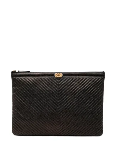 Pre-owned Chanel 2018 Large Chevron Iridescent Caviar Boy O Case Clutch Bag In Black