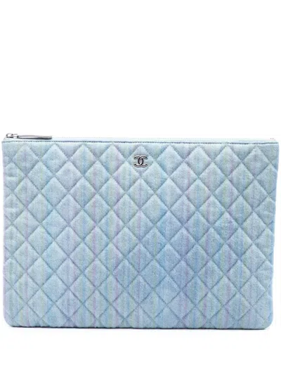 Pre-owned Chanel 2018 Large Quilted Denim O Case Clutch Bag In Blue