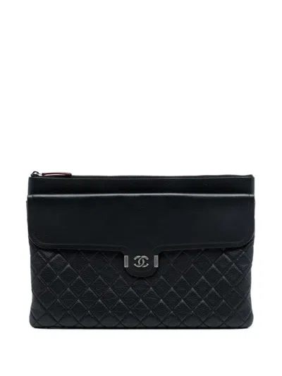 Pre-owned Chanel 2018 Large Quilted Grained Calfskin Archi Chic Cosmetic Case Clutch Bag In Black