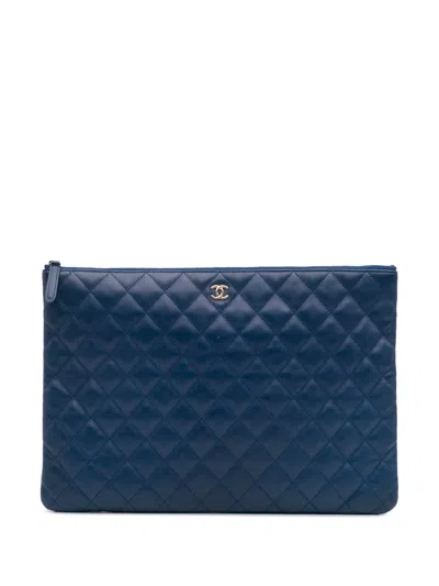 Pre-owned Chanel 2018 Large Quilted Lambskin O Case Clutch Bag In Blue