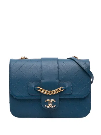 Pre-owned Chanel 2018 Large Quilted Sheepskin Front Chain Flap Crossbody Bag In Blue
