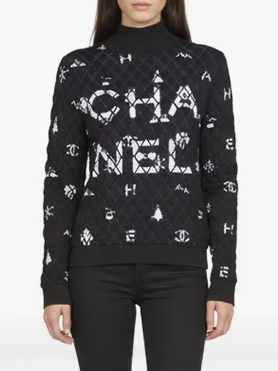 Pre-owned Chanel 2018 Logo Diamond-knit Sweater In Do Not Use - Navy