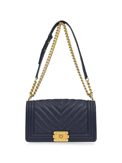 Pre-owned Chanel 2018 Medium Boy  Chevron-pattern Shoulder Bag In Blue
