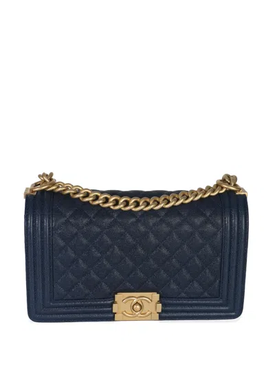 Pre-owned Chanel 2018 Medium Boy Quilted Chain-strap Leather Bag In Blue
